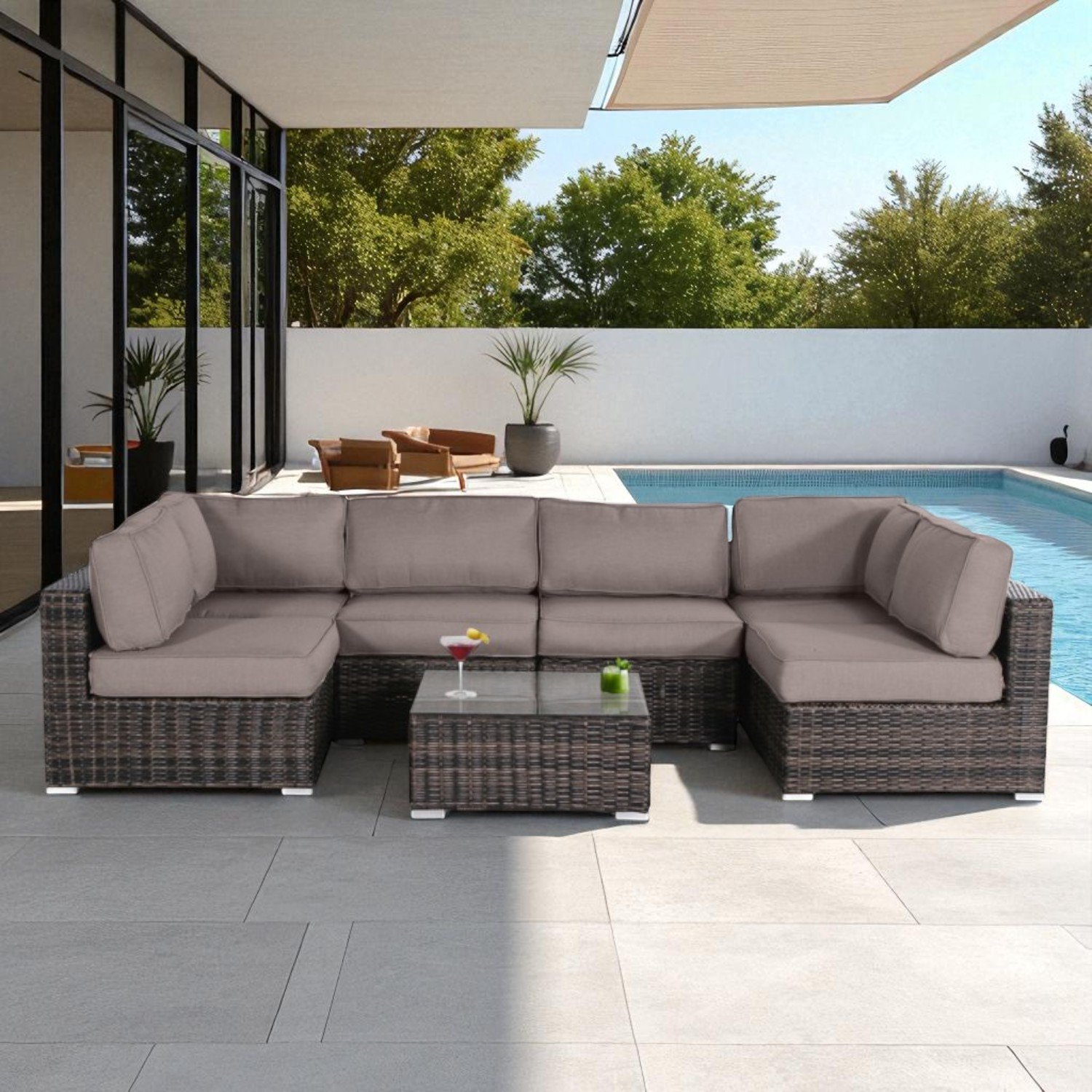 Outdoor Conversation Set For 4 With Cushions, Weather Resistant Wicker, Glass Table - Brown - Image 8
