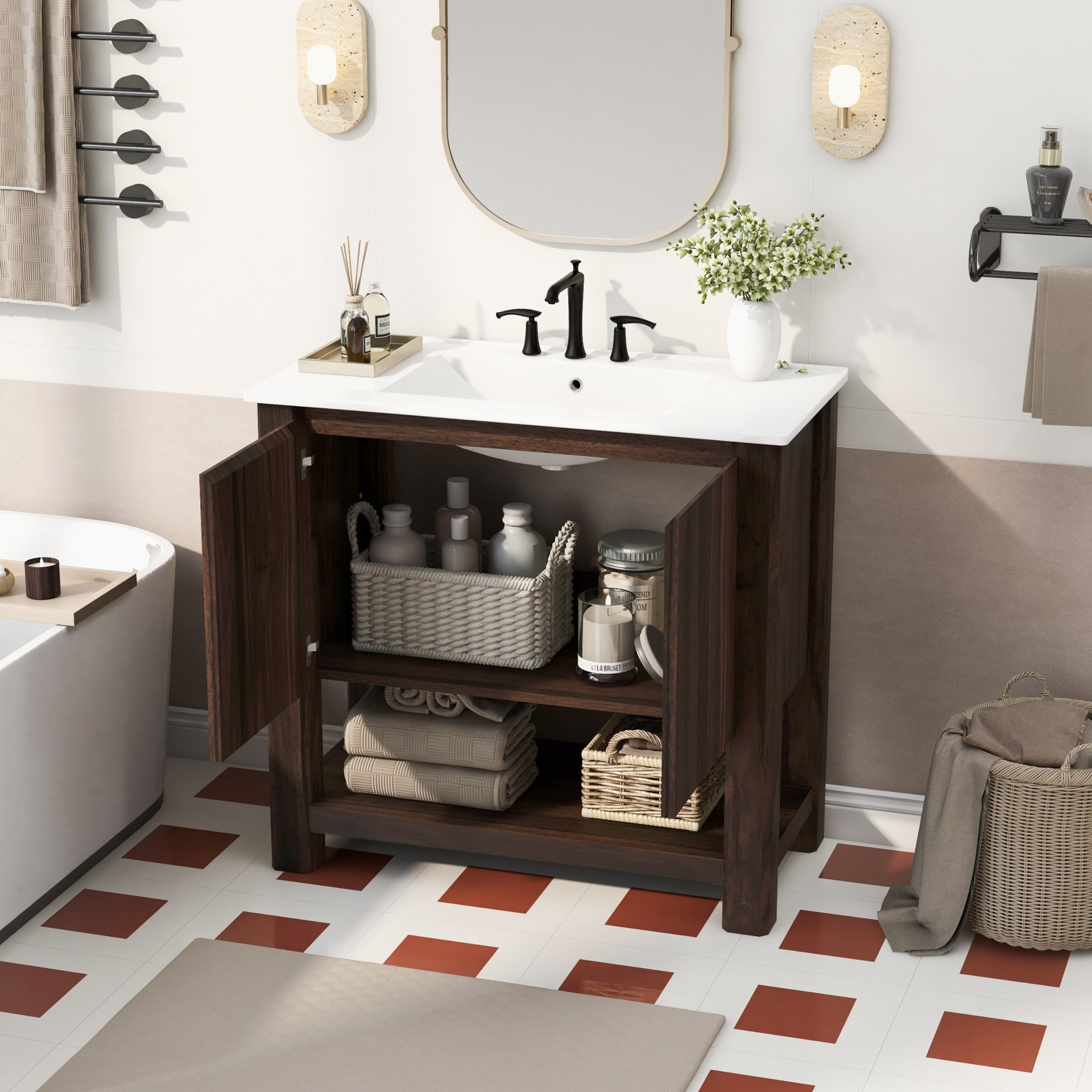 36" Modern Bathroom Vanity With Rectangle Ceramic Sink, Bathroom Cabinet And 45 Degrees Free Handle Design Soft Closing Doors, 1 Open Shelf At The Bottom - Dark Brown - Image 10