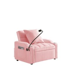 Convertible Velvet 3 In 1 Sofa Bed With Adjustable Sleeper Chair And Multi Pockets - Pink