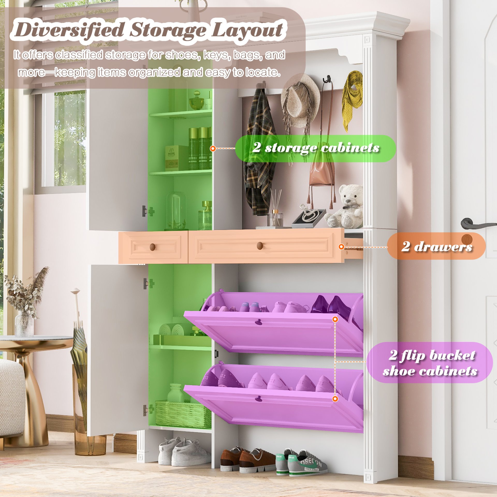 Hall Tree With Integrated Shoe Cabinet And Mirrored Cabinet Door, Coat Hanger, Entryway Bench, 4 In 1 Design, 2 Flip Drawers, 4 Hooks And 2 Cabinets For Entrance, Living Room - White - Image 7