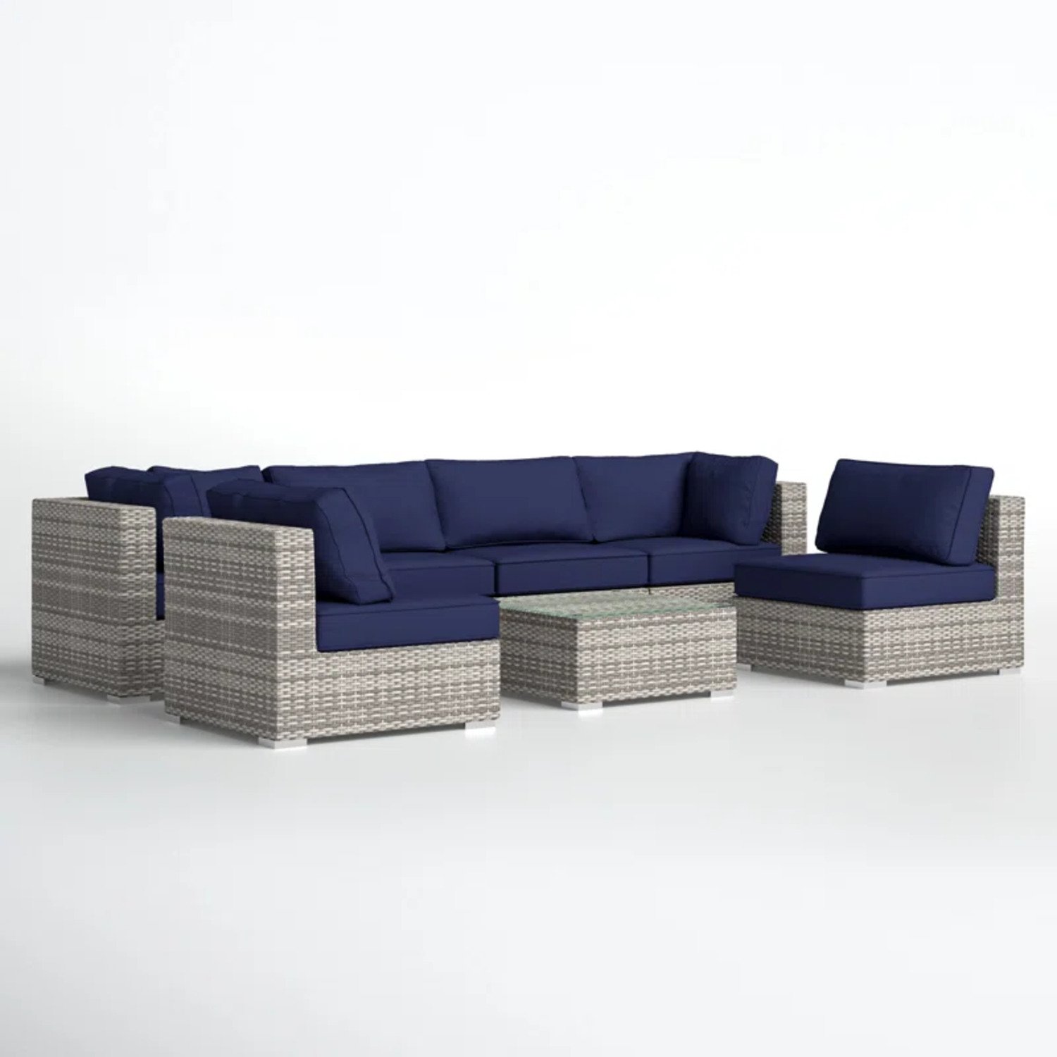 6 Person Patio Set With Premium Cushions And Rattan Wicker Frame - Dark Blue / Gray Mix - Image 3