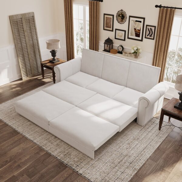 King Pull Out Sofa Bed, Chesterfield Sofa, 3 In 1 Velvet Convertible Sleeper Sofa With Nailhead Trim & Rolled Arm, Multi Functional Sofa Bed For Living Room, Bedroom, Apartment, Office - Beige