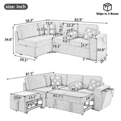 Convertible Sectional Sofa Bed Shaped Sofa With Dual Pull Out Sleepers, Flip Top Table, USB Ports, Cup Holder & Storage - Dark Gray