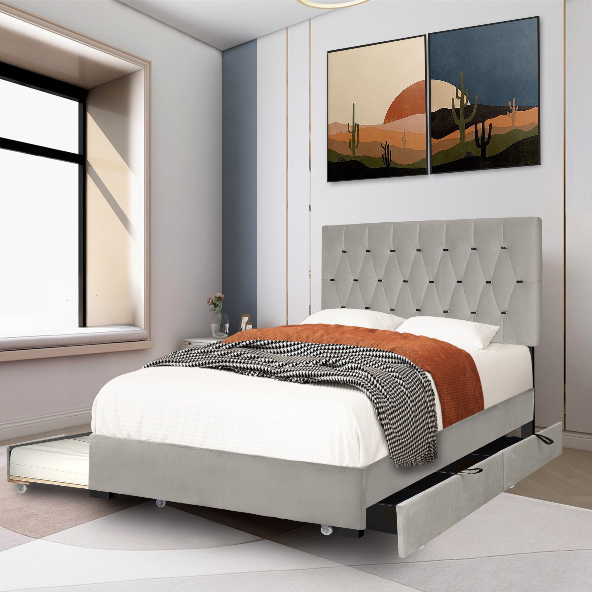 Queen Size Upholstered Trundle Bed With Storage Drawers, Pull Out Design, Space Saving, Sturdy Frame - Gray - Image 4