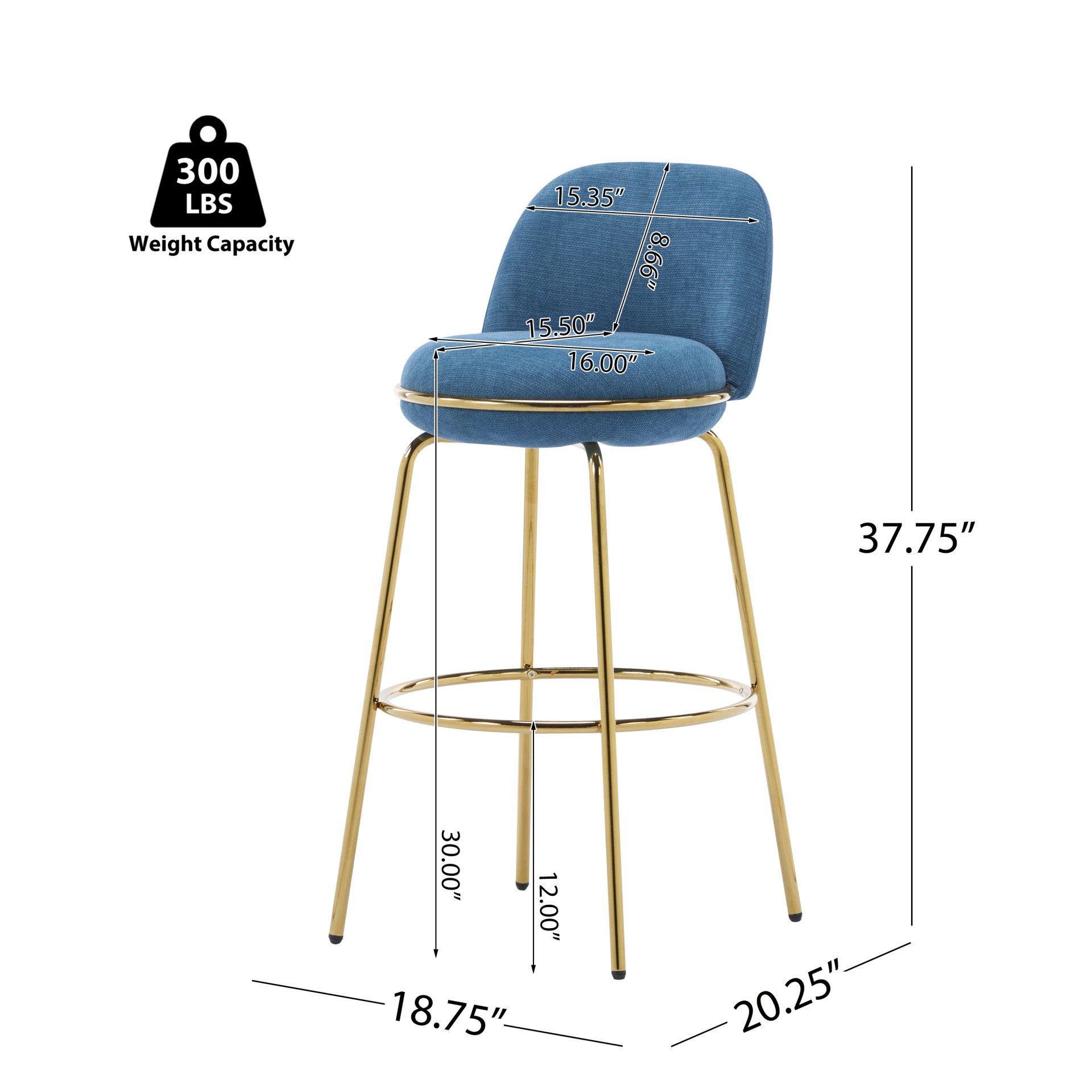Rio Claro - Indoor Metal Upholstered Barstool Upholstery (Set of 2) - Gold / Blue - Image 3