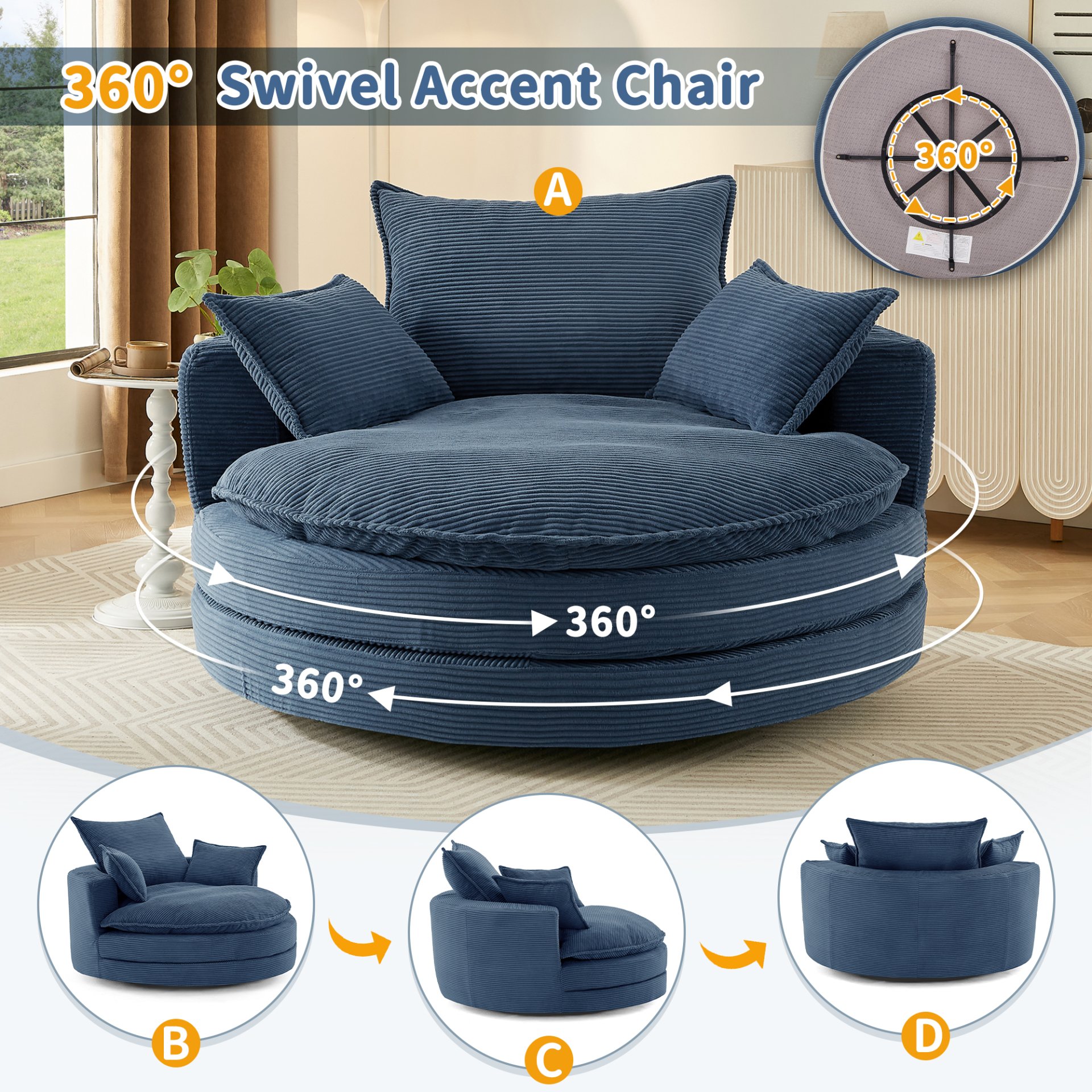 Modern 360° Swivel Sofa Chair With Dual Layer Cushion And Removable Pillows - Blue - Image 5