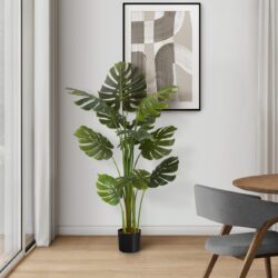 55" Tall, Artificial Plant, Monstera Tree, Indoor, Faux, Fake, Floor, Greenery, Potted, Real Touch, Decorative - Green / Black