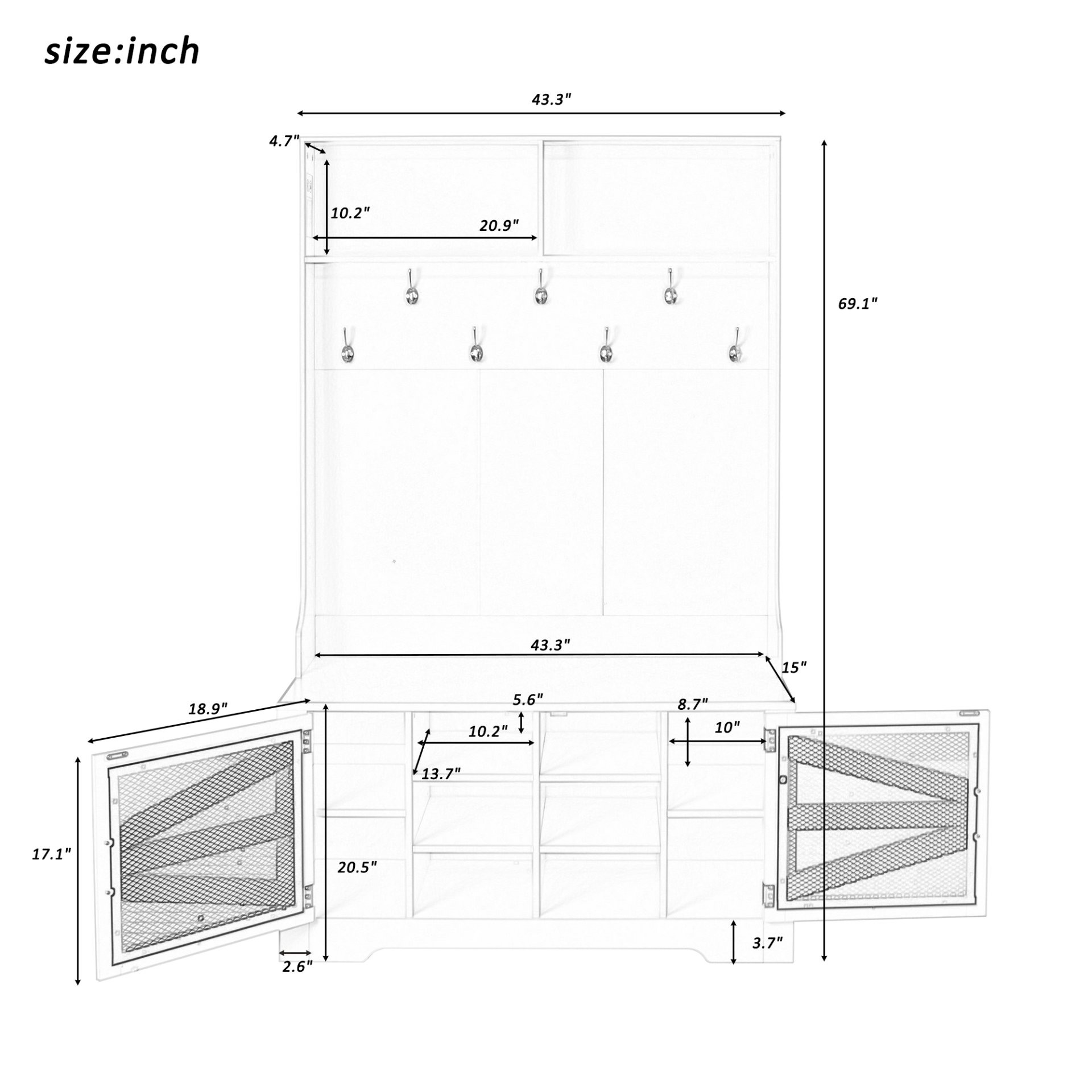 Entryway Bench With Coat Rack, 3 In 1 Design And Adjustable Shelves, Hall Tree With 7 Hooks For Entrance, Living Room - Black - Image 2