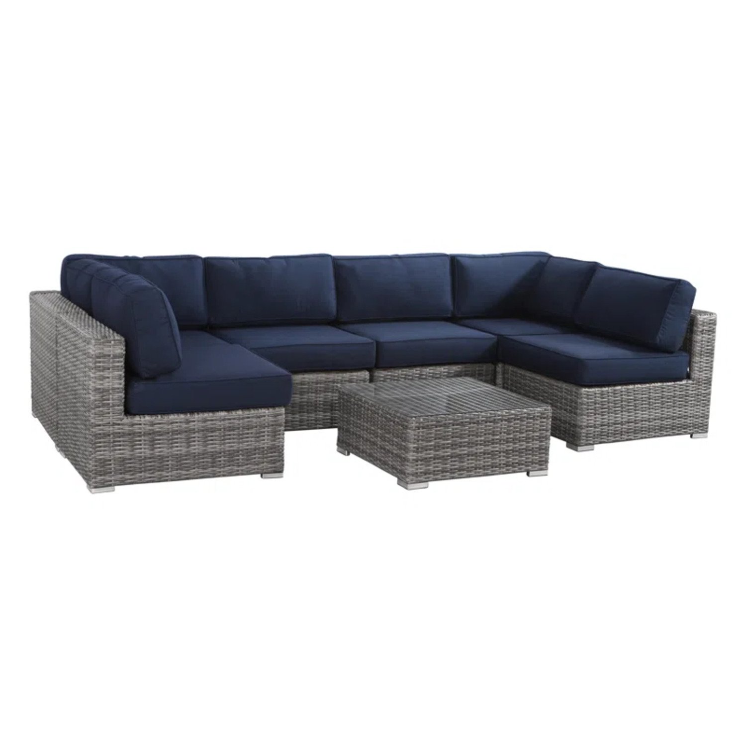 6 Person Outdoor Sofa Set With Premium Cushions, All Weather Wicker - Dark Blue / Gray Mix - Image 5