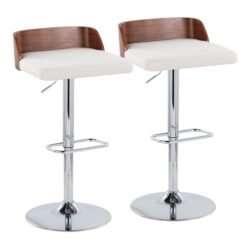 Maya - Mid-Century Modern Adjustable Barstool With Swivel With Rounded Rectangle Footrest (Set of 2) - Chrome / Walnut / Cream