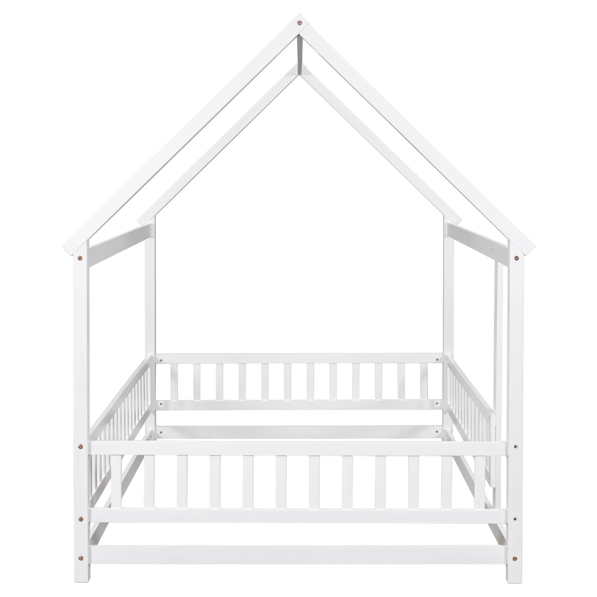Full Size Floor Wooden Bed With House Roof Frame, Fence Guardrails - White - Image 10
