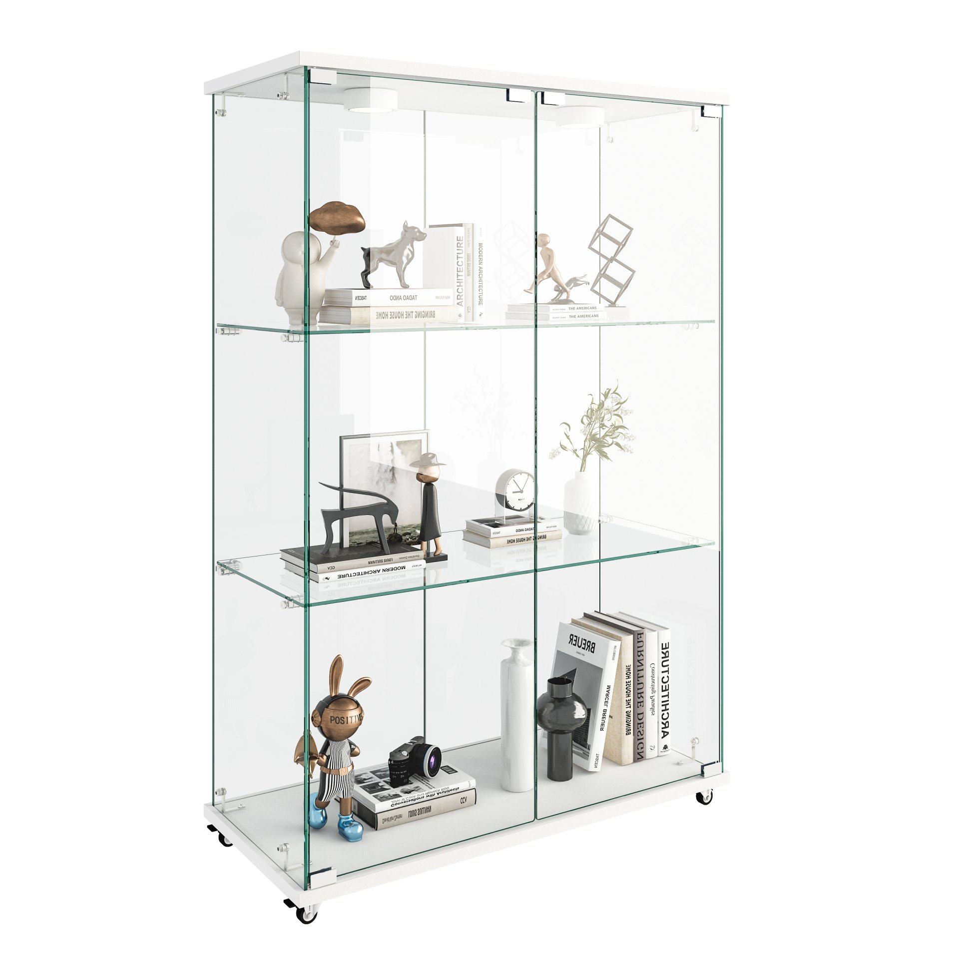 Modern Display Cabinet With LED Lights, Tempered Glass 2 Door Storage Case With 3 Shelves For Living Room - Transparent - Image 9