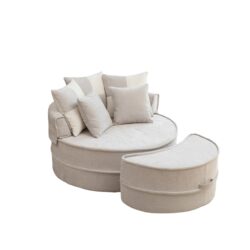 Modern Oversized Round Barrel Accent Chair With Ottoman - Velvet Upholstered Lounge Armchair With 5 Pillows For Living Room Or Bedroom - Gray