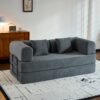 Convertible Sleeper Sofa Bed With Cylindrical Pillow, Floor Sofa Lounge Couch For Living Room - Gray - Image 4