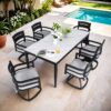 7 Piece Modern Outdoor Patio Dining Set With Table And Swivel Chairs Rockers With Sunbrella Cushions - Ember Black / White - Image 4