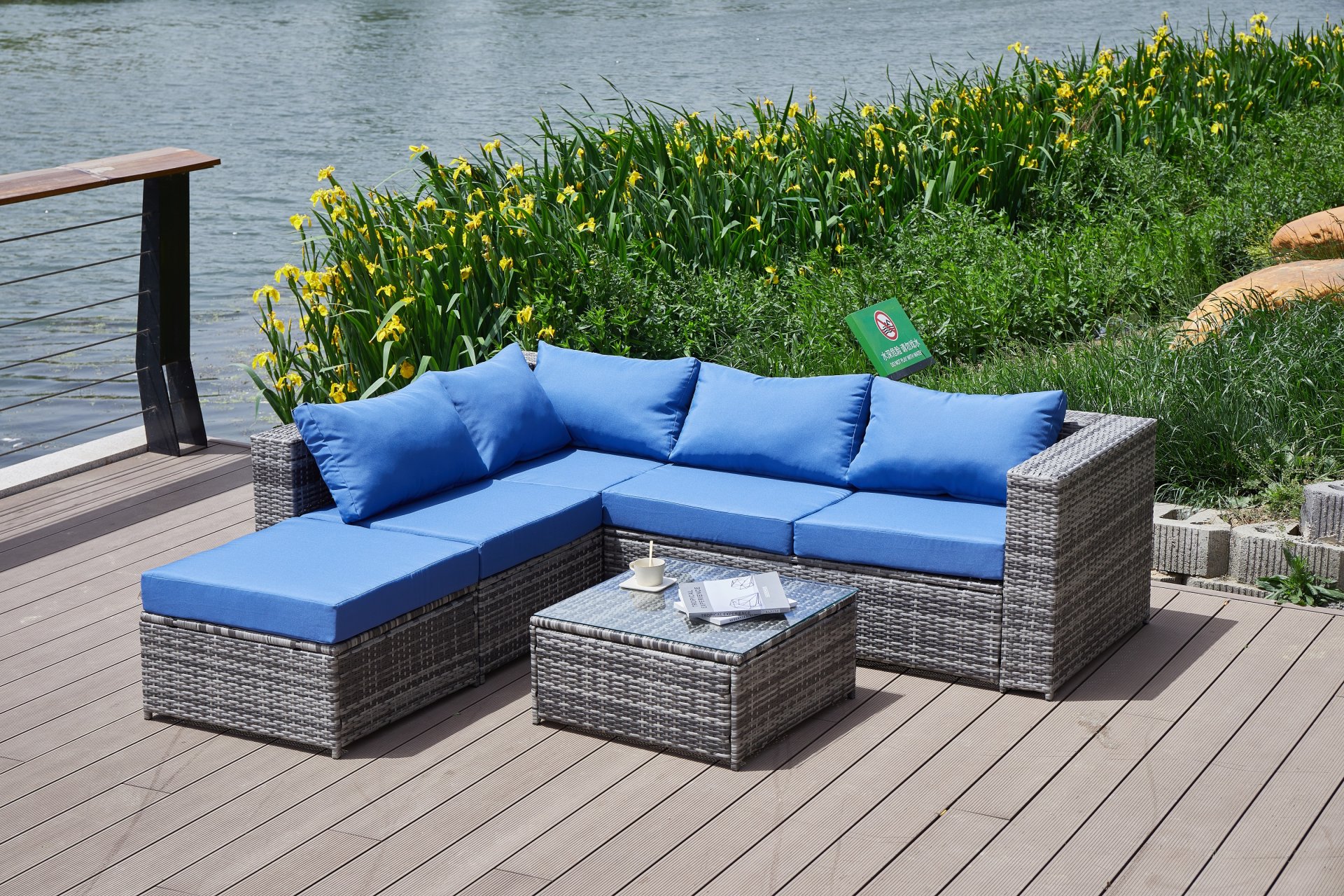 Luxurious Comfort Patio Sofa With Cushions - Blue / Gray - Image 10