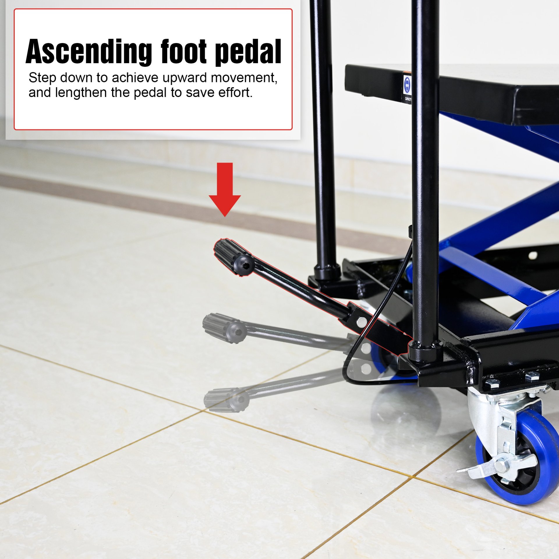 Hydraulic Lift Trolley, 500 Lbs Capacity, With 4 Wheels, For Material Handling And Transportation - Black / Blue - Image 10