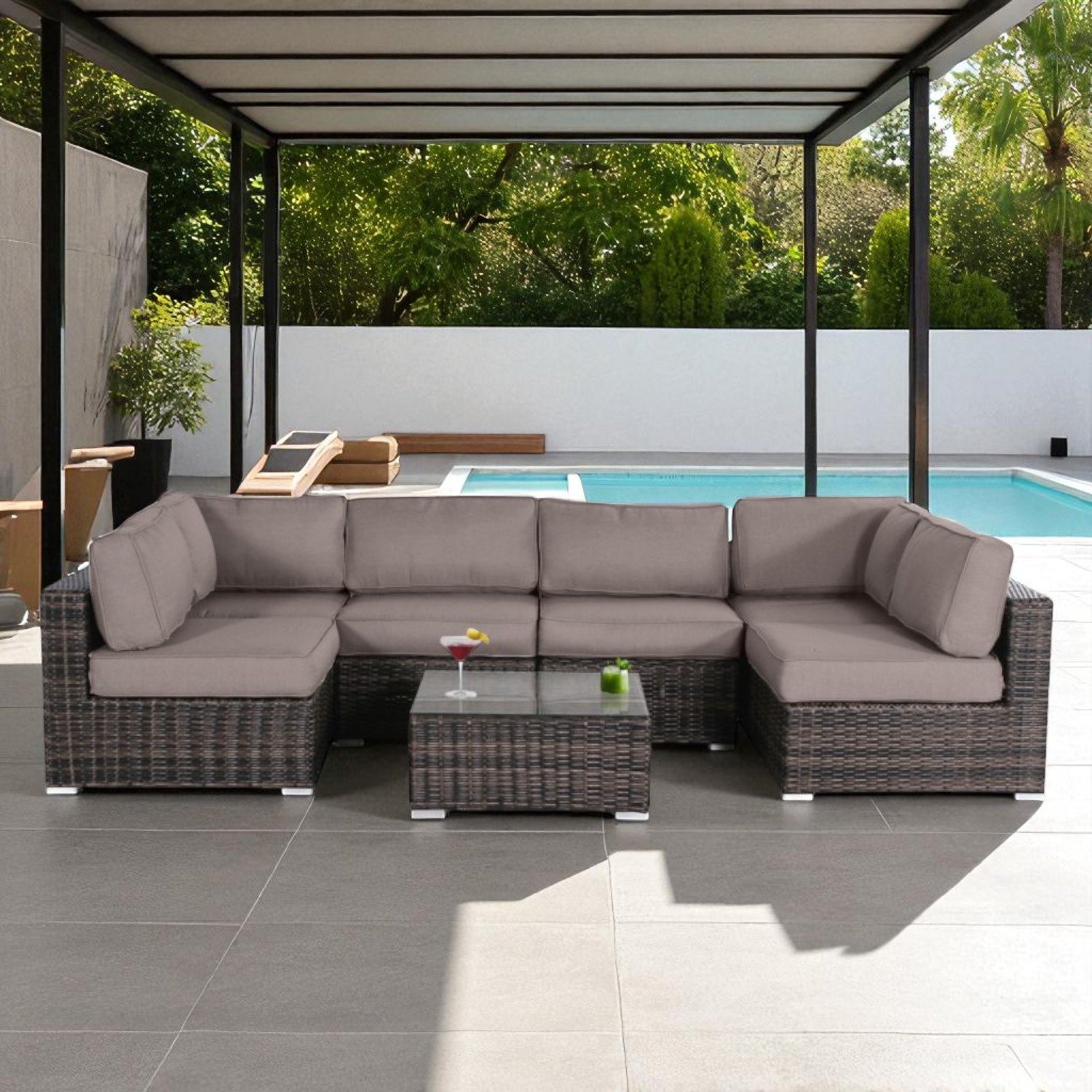 Outdoor Conversation Set For 4 With Cushions, Weather Resistant Wicker, Glass Table - Brown - Image 2