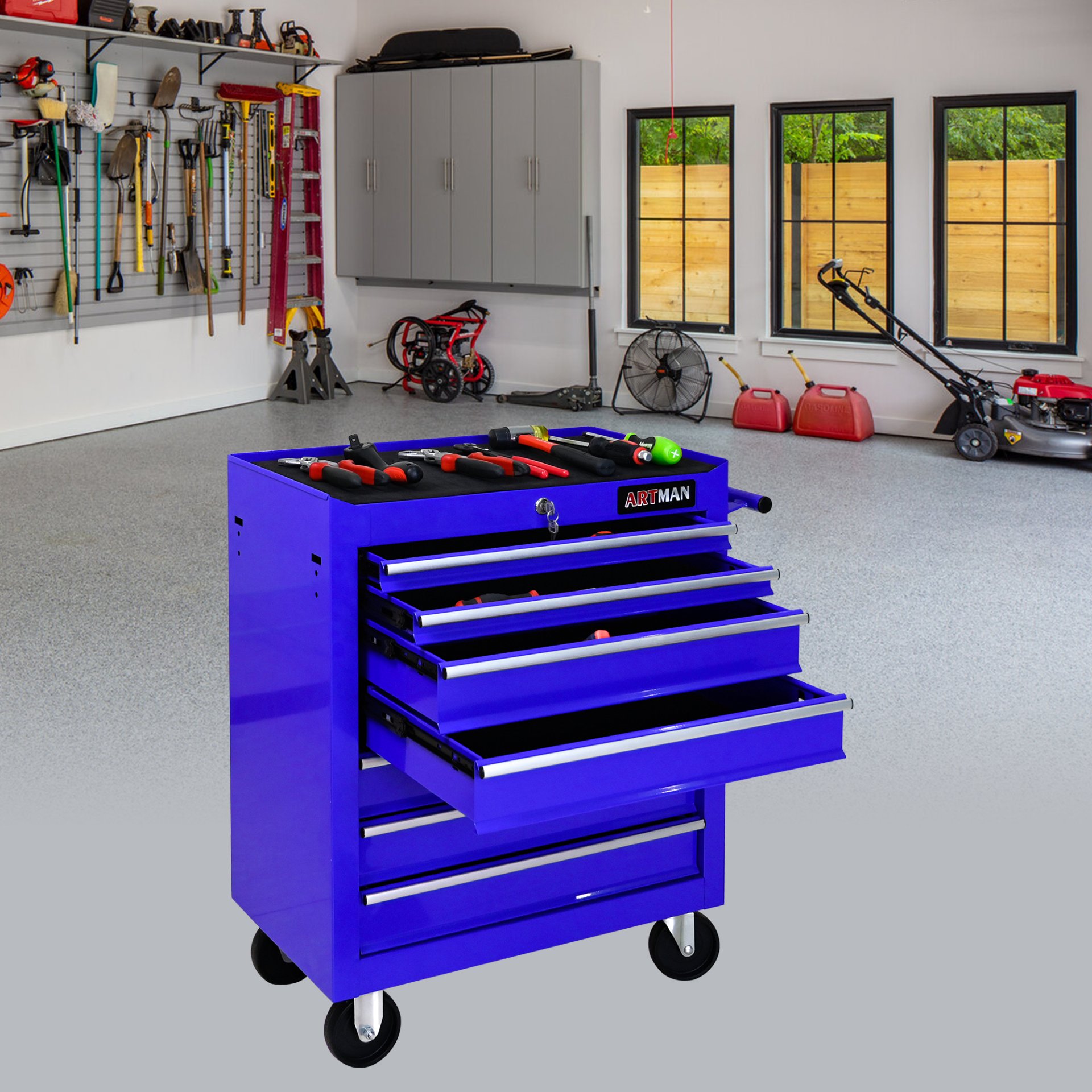 7 Drawers Multifunctional Tool Cart & Wheels - Blue - Image 2