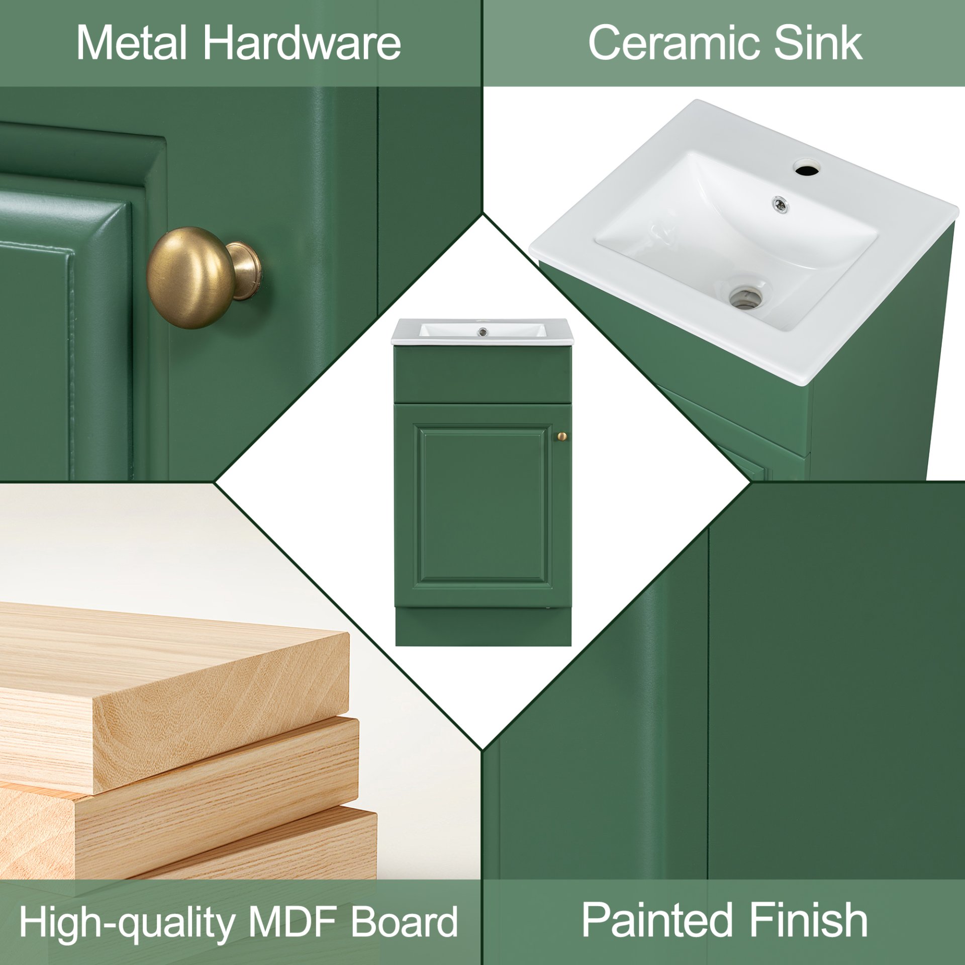 18" Bathroom Vanity With Sink, & Ceramic Cabinet With Adjustable Shelf - Green - Image 6