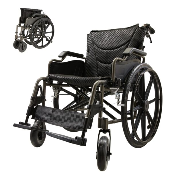 Manual Wheelchair With Double X Force Support Double Brakes 24" Non InflatableTires Lightweight Foldable Transport Wheelchair For All Terrains 350Lbs Capacity Color - Black / Gray