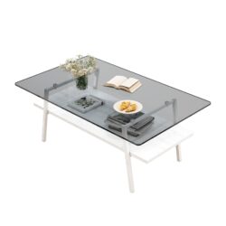 Rectangle Coffee Table, Tempered Glass Tabletop With White Metal Legs, Modern Table For Living Room - Gray