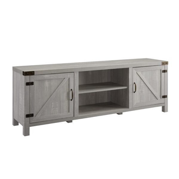 Rustic Farmhouse Double Barn Door 70" TV Stand For 80" TVs With Center Shelves - Stone Gray