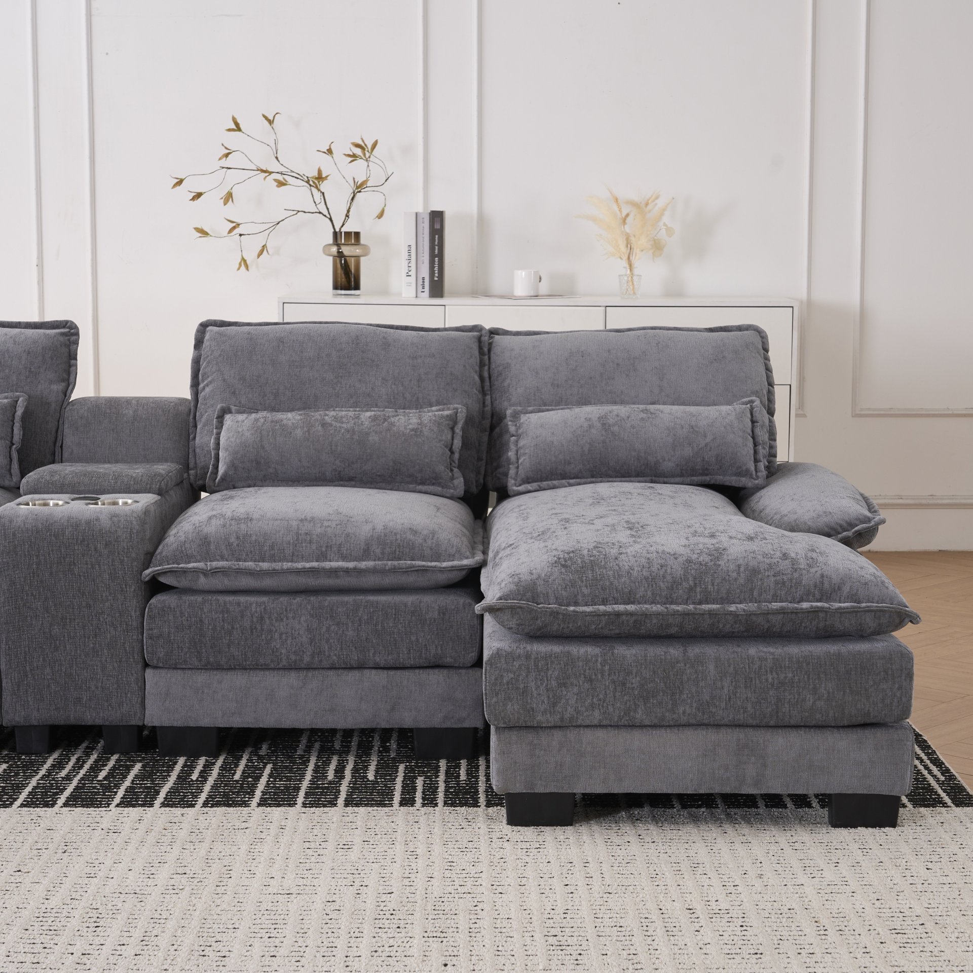 U Shaped Sofa With Console, Cupholders, USB Ports, 6 Seat Upholstered Symmetrical Sleeper Couch - Gray - Image 10