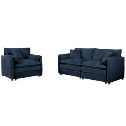 Modern Upholstered Chenille Cloud Loveseat Couch & Armchair Set With Pillows, Deep Seat - Blue