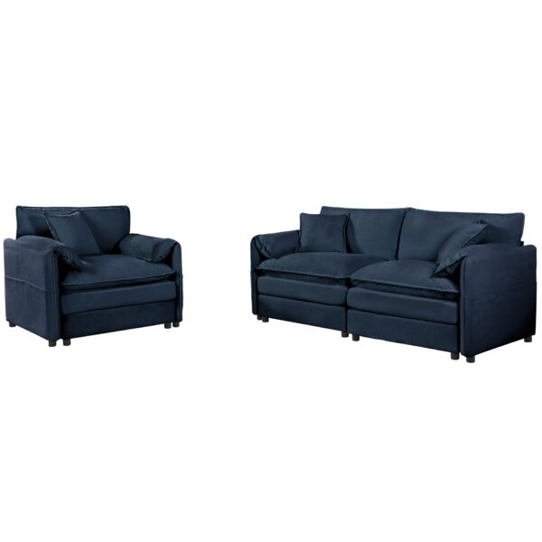 Modern Upholstered Chenille Cloud Loveseat Couch & Armchair Set With Pillows, Deep Seat - Blue