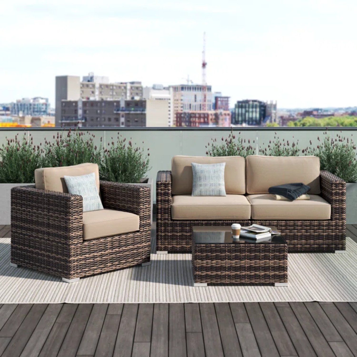 Wicker Seating Group With Cushions For 3 People - Brown - Image 2
