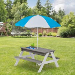 3-In-1 Kids Outdoor Wooden Picnic Table With Umbrella, Convertible Sand & Water, ASTM & CPSIA Certification - Gray