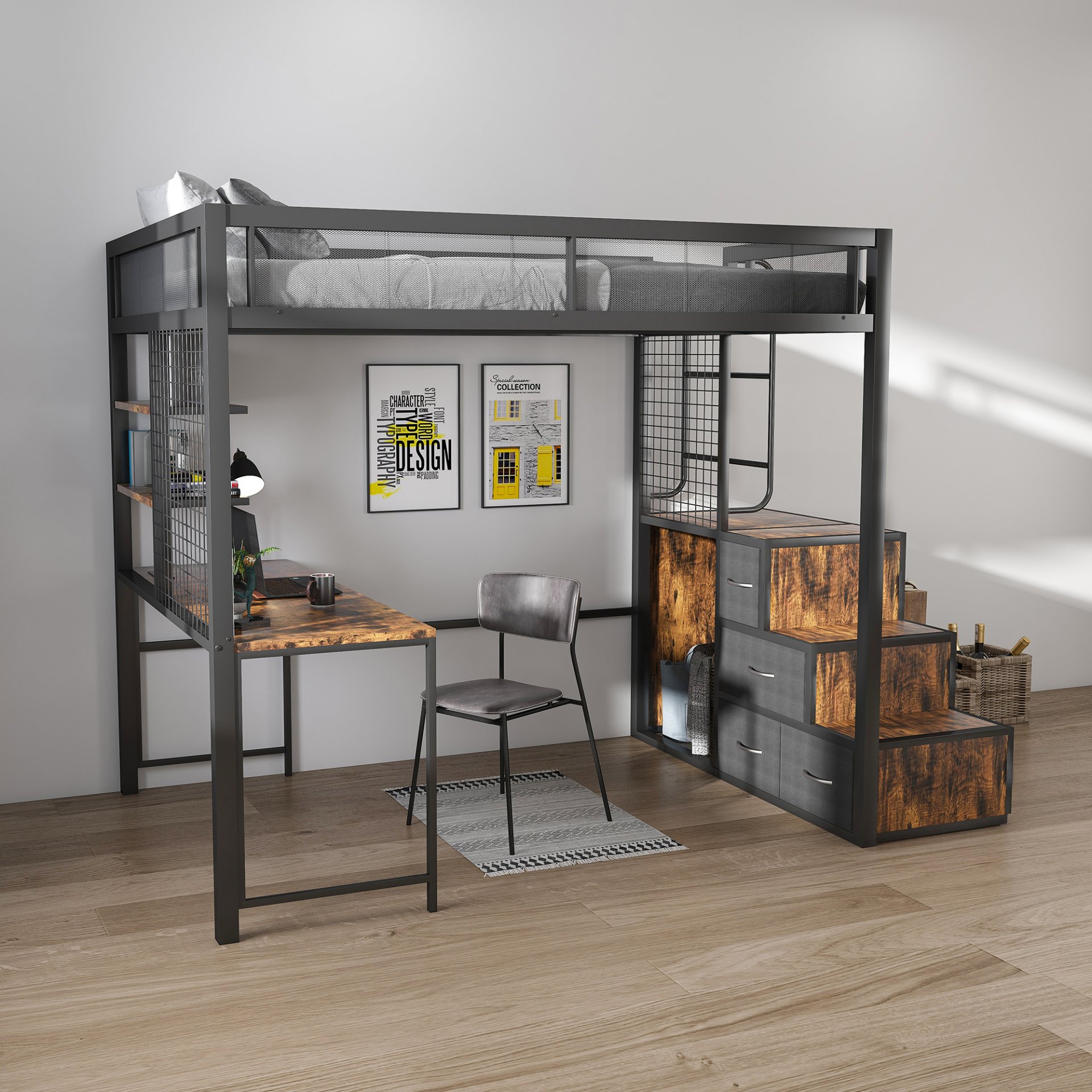 Heavy Duty Full Loft Bed With Desk & USB Charging Metal Frame With Storage Drawers And Staircase - Black - Image 17