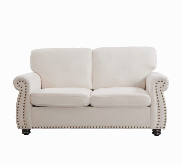 Soft Loveseat, Upholstered 2 Seater Couch, Loose Back Cushions And Turned Legs - Ivory