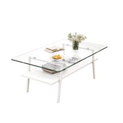 Rectangle Coffee Table, Tempered Glass Tabletop With Metal Legs, Modern Table For Living Room - Transparent / White