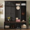 Farmhouse Hall Tree With 4 Hidden Hanging Hooks, Versatile Seating Bench With 8 Doors, Entryway Shoe Cabinet With Open Compartments For Living Room - Black - Image 4