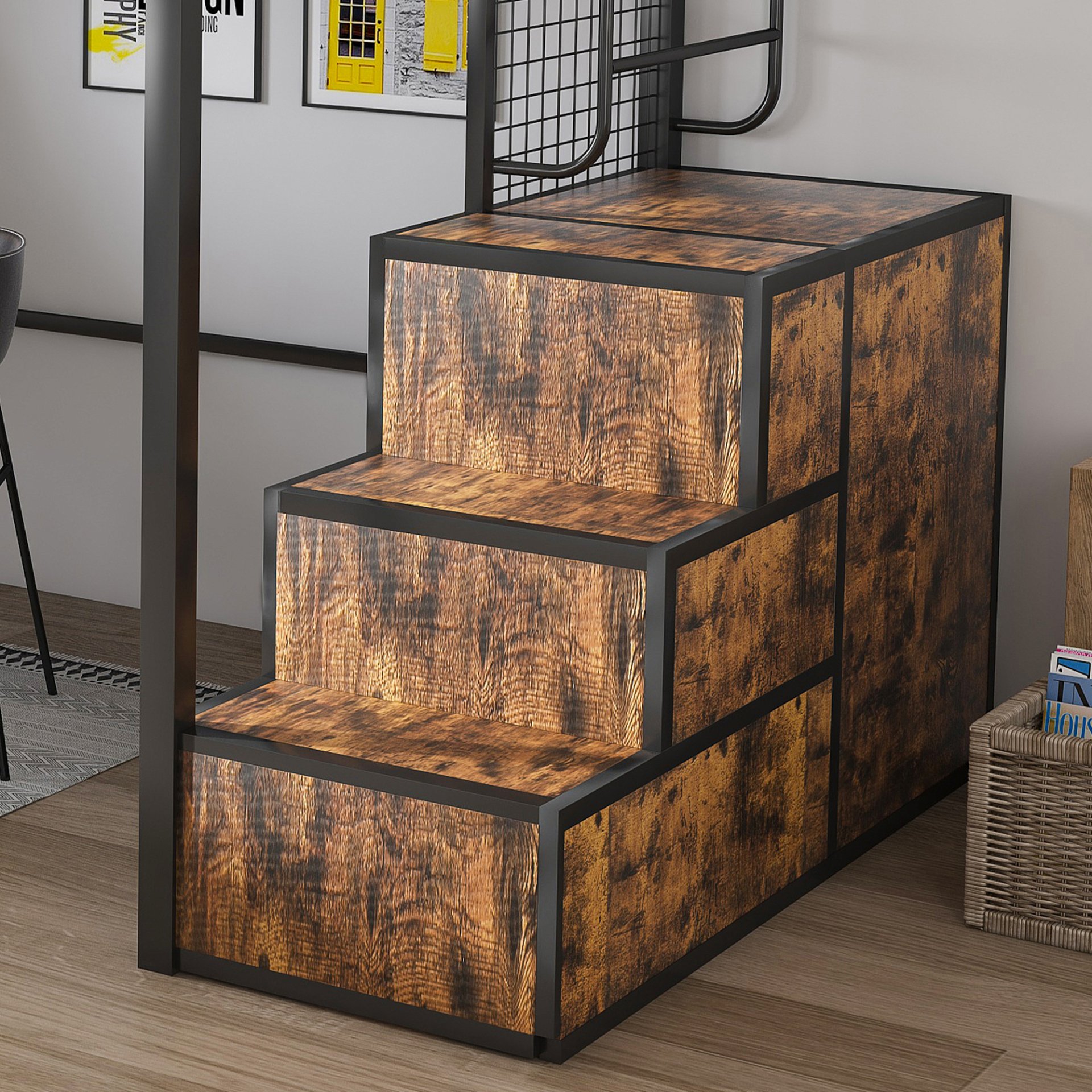 Heavy Duty Full Loft Bed With Desk & USB Charging Metal Frame With Storage Drawers And Staircase - Black - Image 6