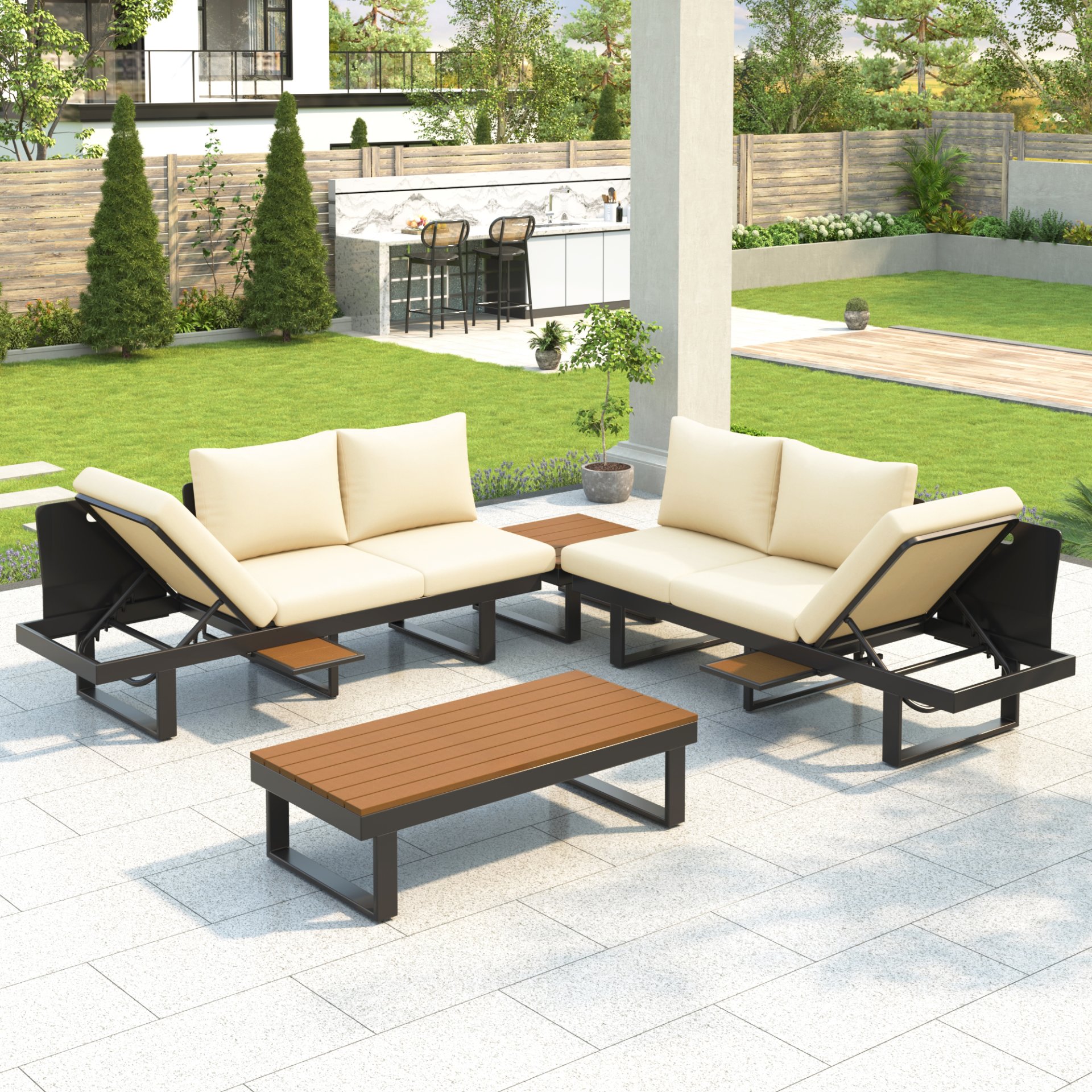 Outdoor Sectional Sofa Set With Adjustable Reclining Seats For Backyard - Beige - Image 2