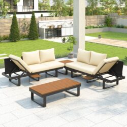 Outdoor Sectional Sofa Set With Adjustable Reclining Seats For Backyard - Beige