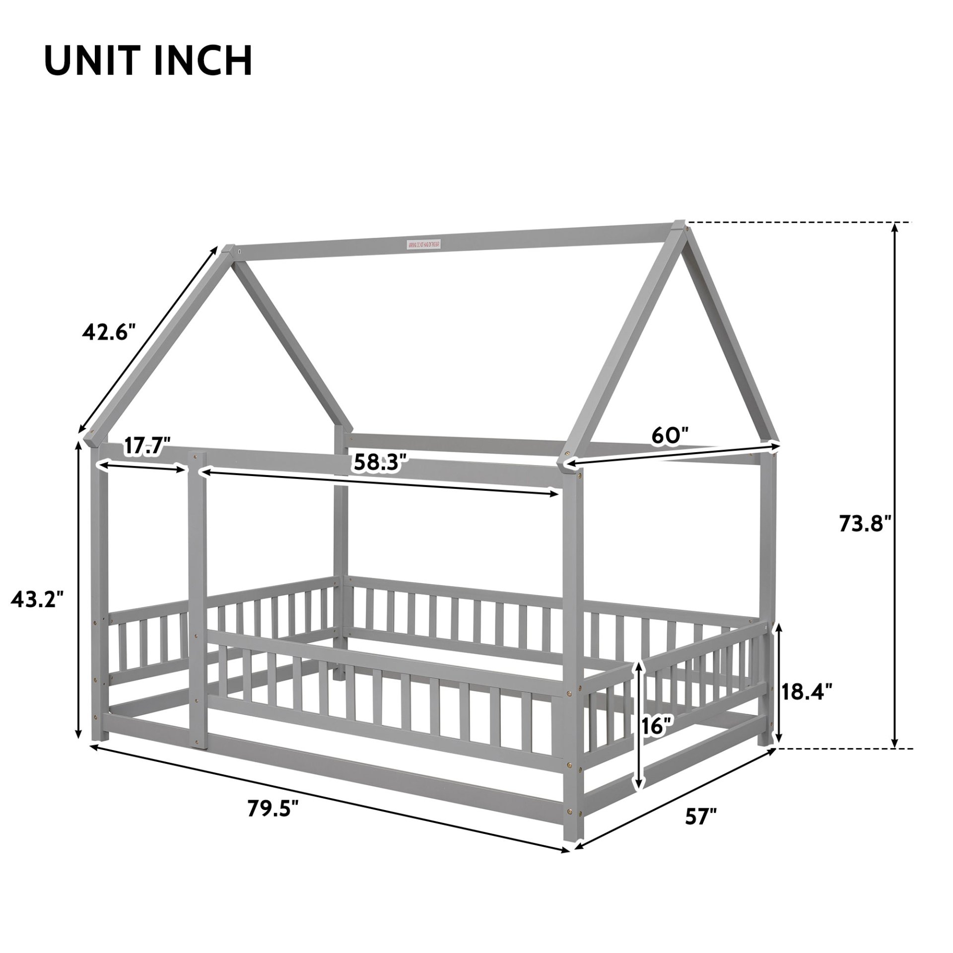 Full Size Floor Wooden Bed With House Roof Frame, Fence Guardrails - Gray - Image 3