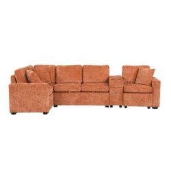 L Shaped Convertible Sofa Bed With Pull Out Bed, Cup Holders, And Storage - Orange