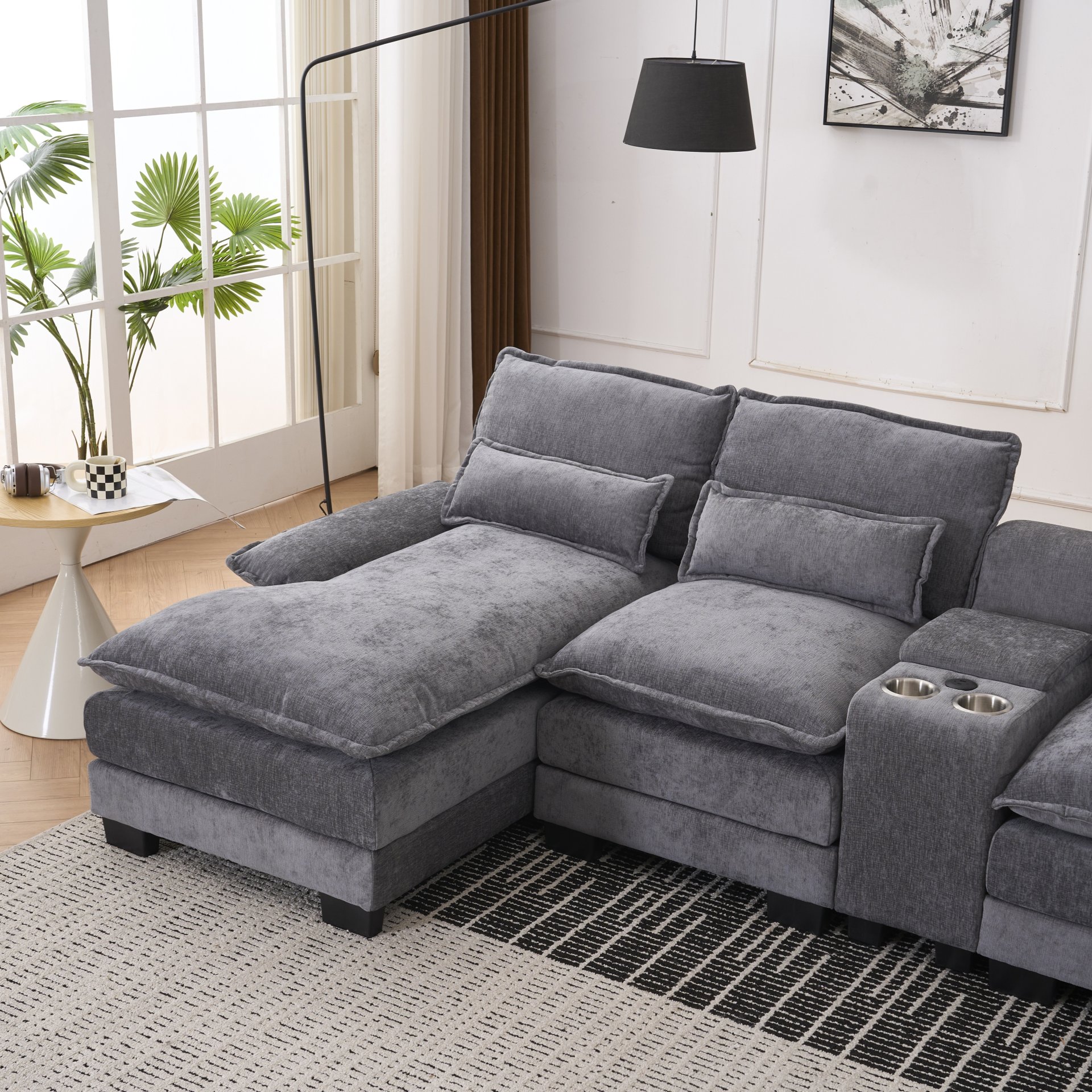 U Shaped Sofa With Console, Cupholders, USB Ports, 6 Seat Upholstered Symmetrical Sleeper Couch - Gray - Image 8