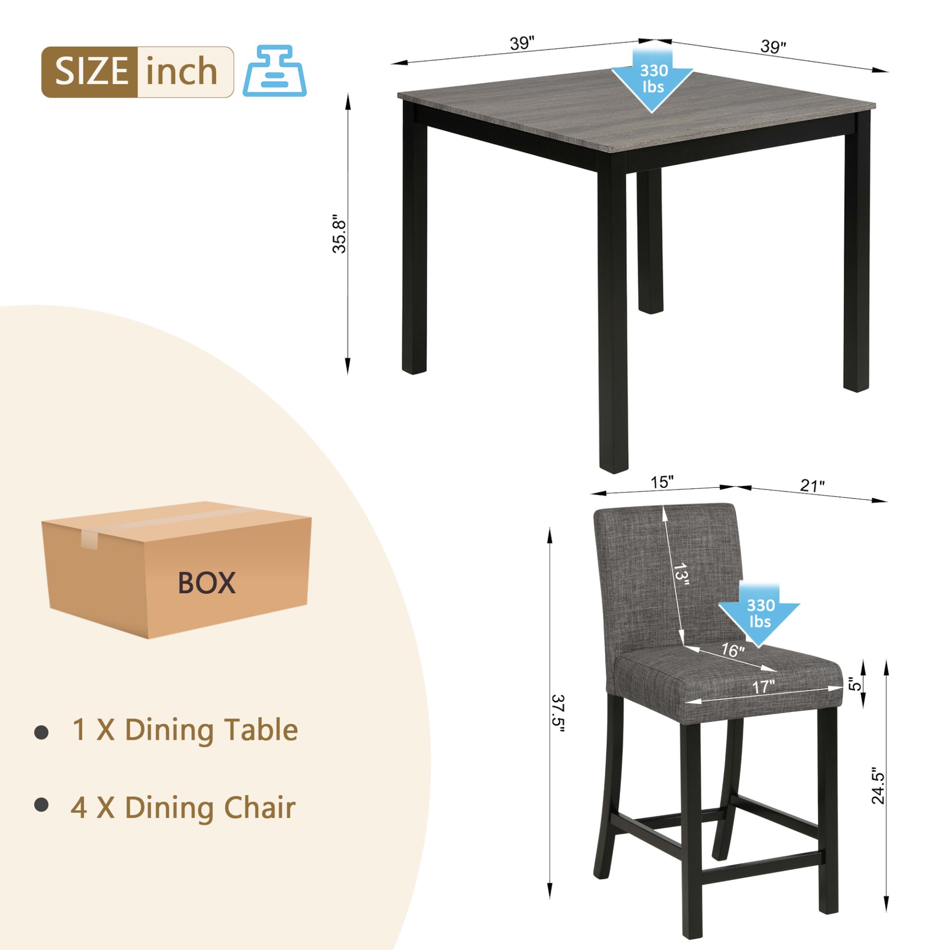 2 Tone Wooden Table Set, Modern 5 Piece Counter Height Dining Set With 4 Chairs For Kitchen Or Dining Room - Light Gray / Black - Image 3
