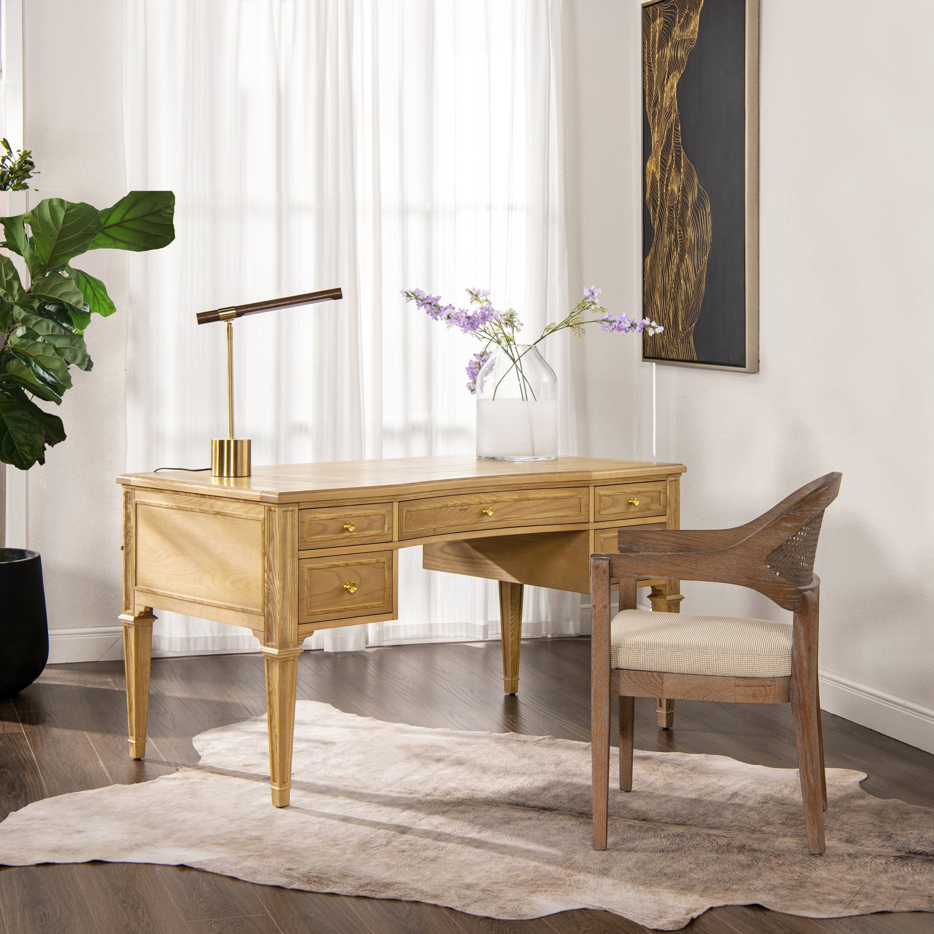 Dauphin - Gold Accent 5 Drawer Executive Desk - Natural Brown - Image 2