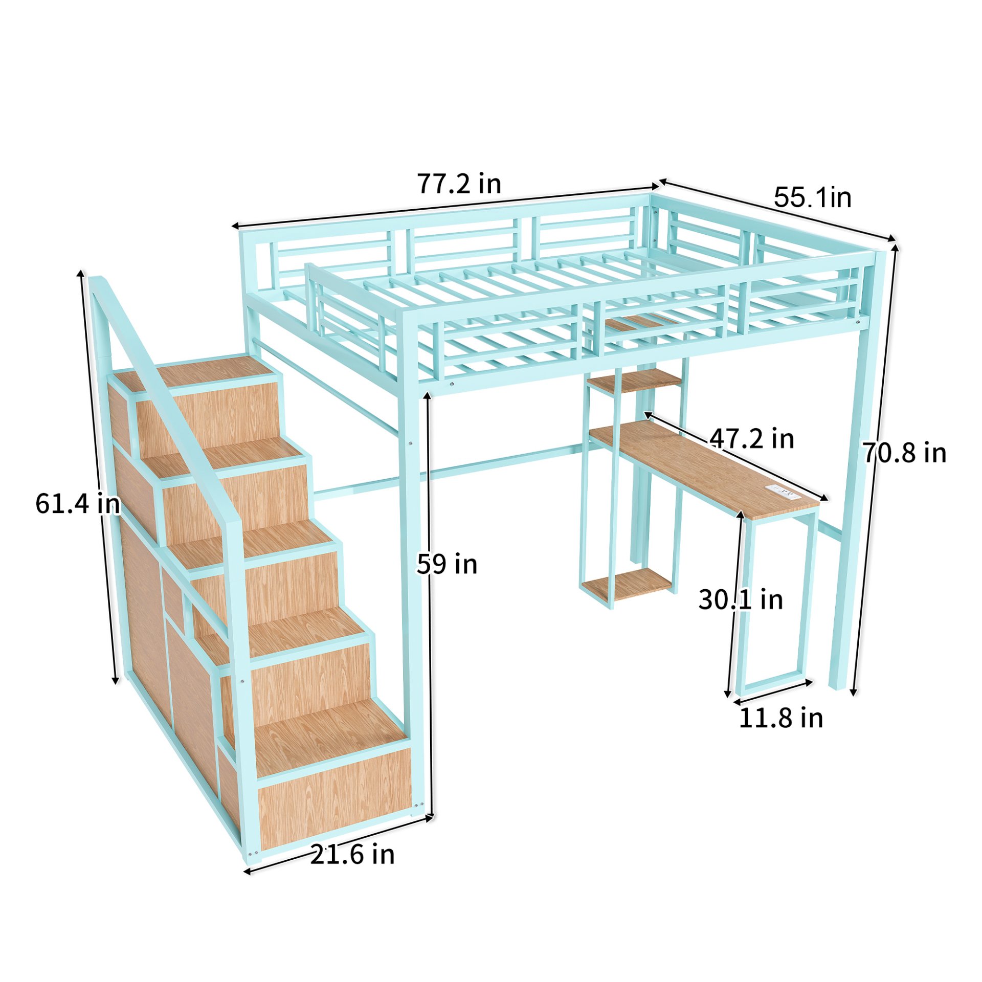 Heavy Metal Frame Full Loft Bed With Desk & Storage, 4 Cabinets, Staircase, Rack Space Saver - Green - Image 3