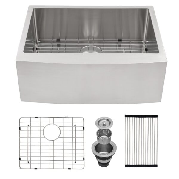 Kitchen Sink 27" Apron Front, 10" Deep, 16 Gauge Single Bowl - Brushed Nickel