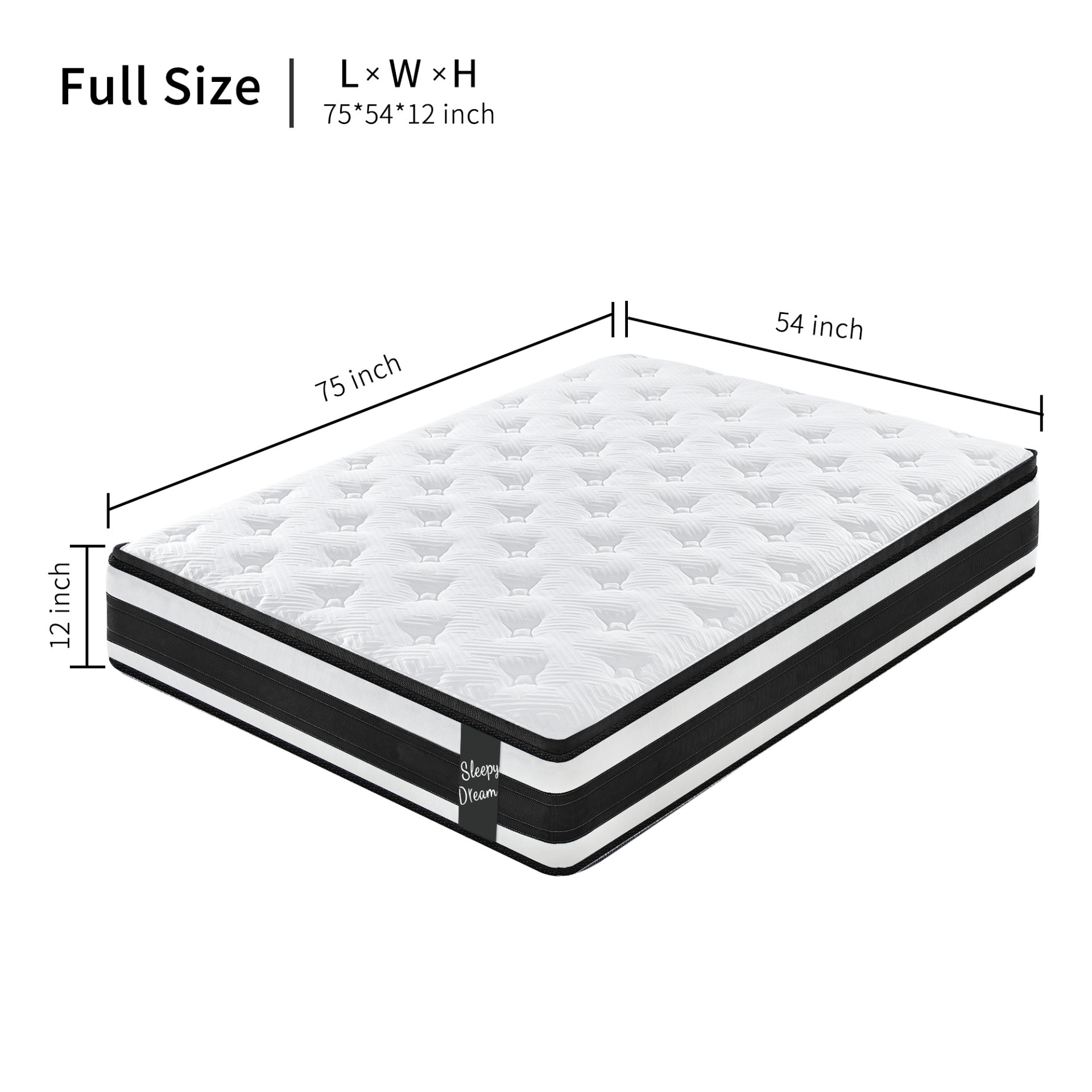 12" Full Size Hybrid Mattress Breathable Cool Knitted Cover Soft Memory Foam Individual Pocket Spring - White / Black - Image 12