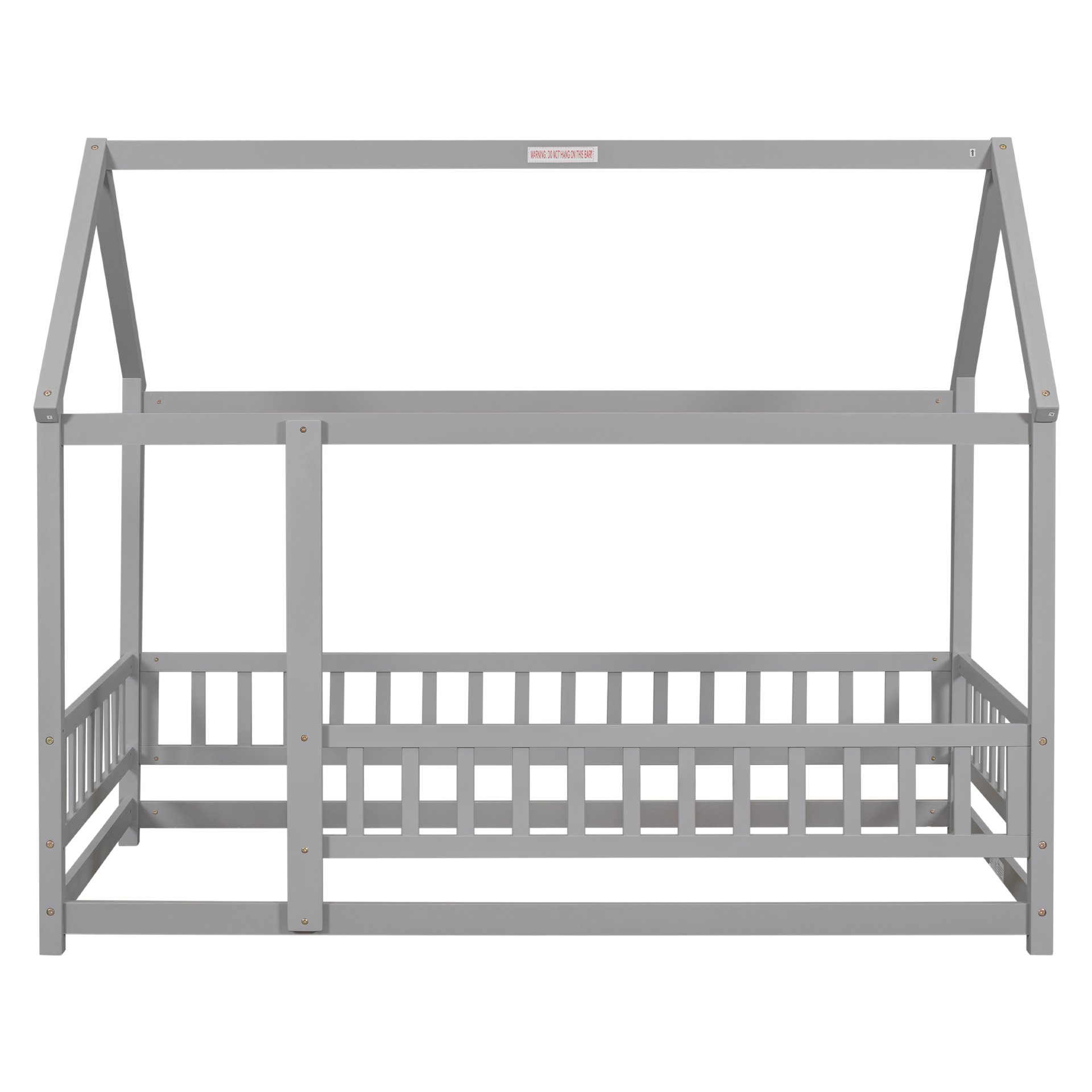 Twin Size Floor Wooden Bed With House Roof Frame, Fence Guardrails - Gray - Image 10