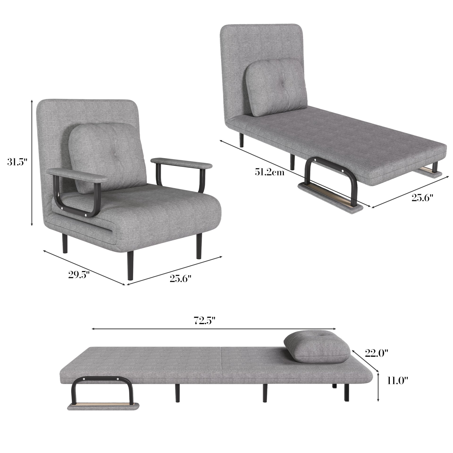 Folding Sofa Bed 5 In 1 Convertible Chair With Adjustable Backrest And Pillow Flannelette - Gray - Image 15
