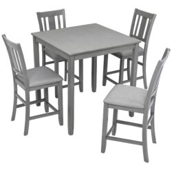 5 Pieces Dining Table Set, Wooden Dining Square Table Set For 4, Counter Height Kitchen Table Set With Square Table And 4 Upholstered Chairs For Small Space - Gray
